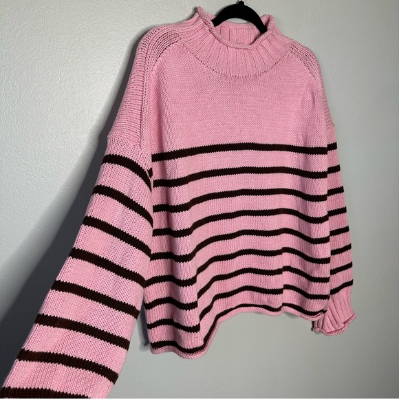 J. Crew 2025 Rollneck Sweater | Pink and Brown Stripe - Picture 2 of 8